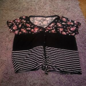 Floral mixed media button up T shirt